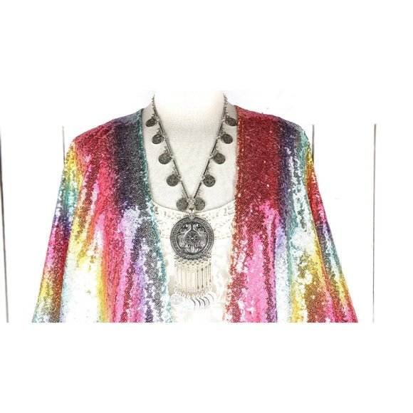 Cropped rainbow striped colorful sequins kimono cover up jacket - Picture 3 of 7